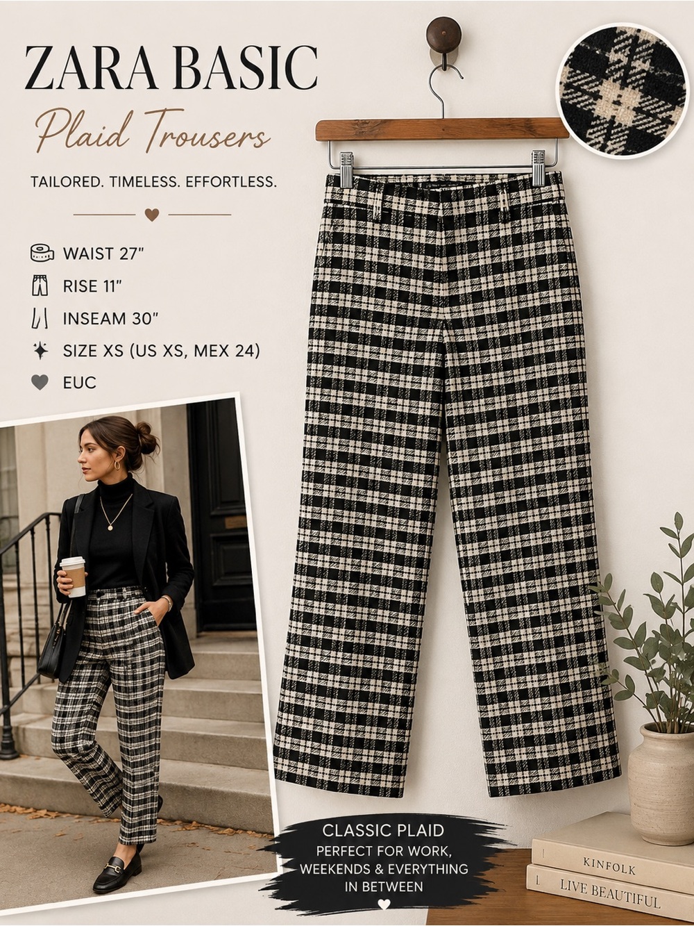 Zara Basic Plaid Trousers Women XS Black Cream High Rise Straight Leg